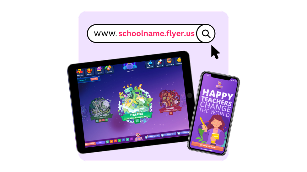 FLYER LMS on tablet and phone showing schoolname.flyer.us